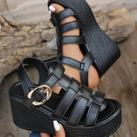 A pair of comfortable, thick-soled, low-heeled sandals, Gladiator strappy sandals (sizes 35-43), Classic design, lightweight 9 cm heel, adjustable ankle buckle, breathable strap design, textured non-slip sole