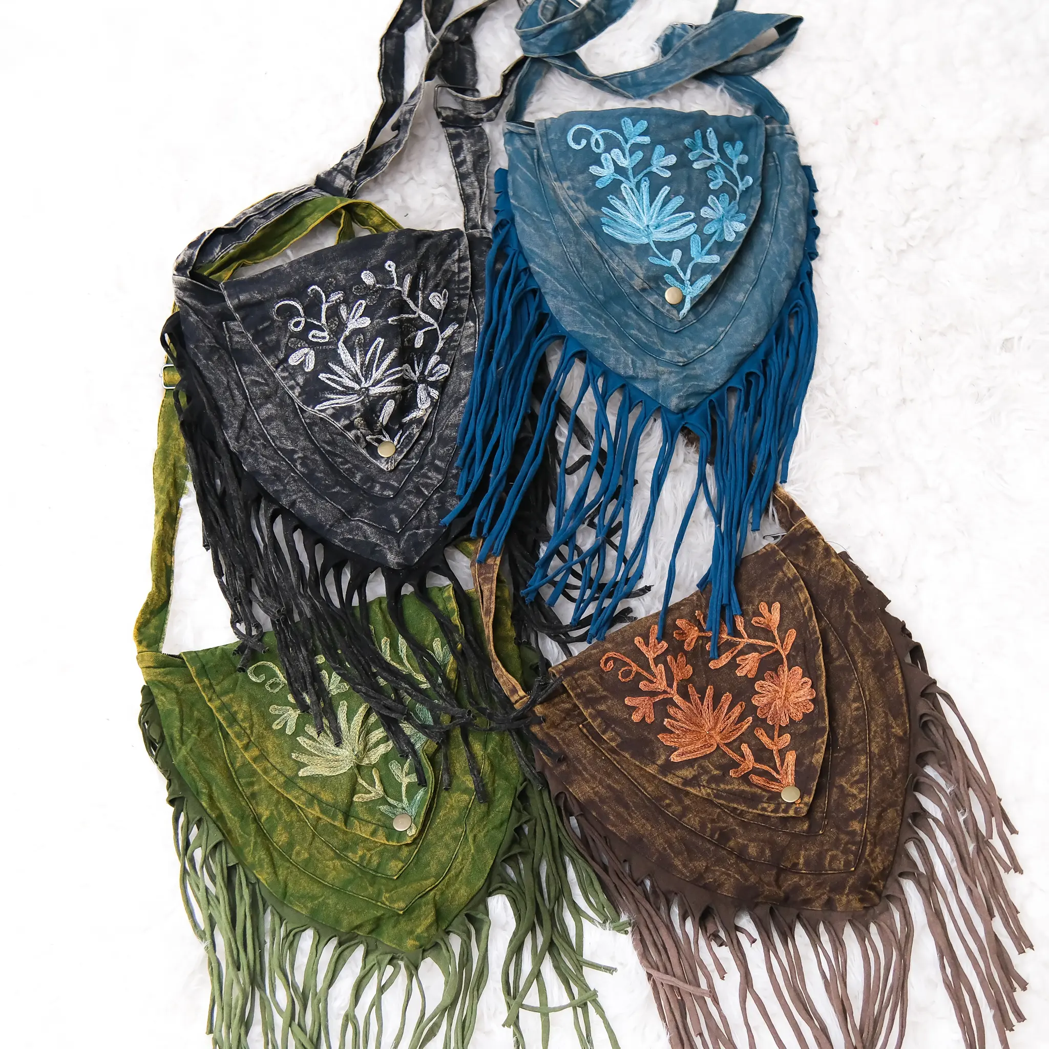 karma Nepal Crafts Handmade Stonewashed Waist Bag, Boho Hippie Vintage Festival Bag, Ren Faire Bag, Cotton Bag with Fringe, Crossbody Unisex  Bag