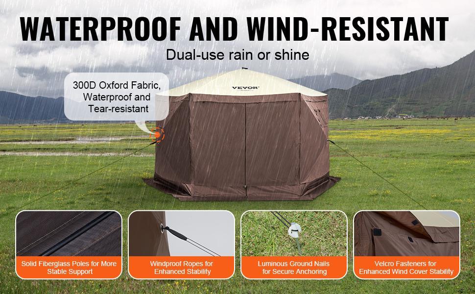 VEVOR Camping Gazebo Screen Tent, 12*12ft, 6 Sided Pop-up Canopy Shelter Tent with Mesh Windows, Portable Carry Bag, Stakes, Large Shade Tents for Outdoor Camping, Lawn and Backyard, Brown/Beige