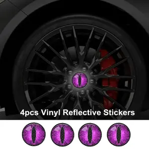 4Pcs/Sheet Cute Round Cat Eye Pattern High-Intensity Reflective Sticker Car, Rims Wheel Hub Center Decal for Car Wheel Center Decoration Vinyl Self-Adhesive Nighttime Driving Warning Sign Gift
