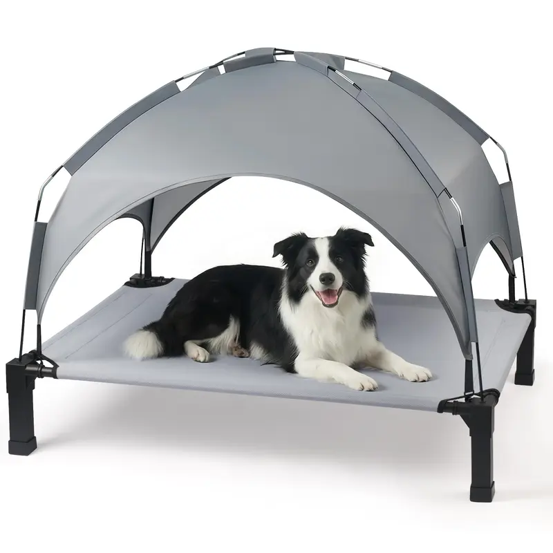 Elevated Dog Bed with Canopy - Classic Mesh Portable Outdoor Cooling Pet Cot, Solid Removable Shade Mat for Beach, Backyard Use