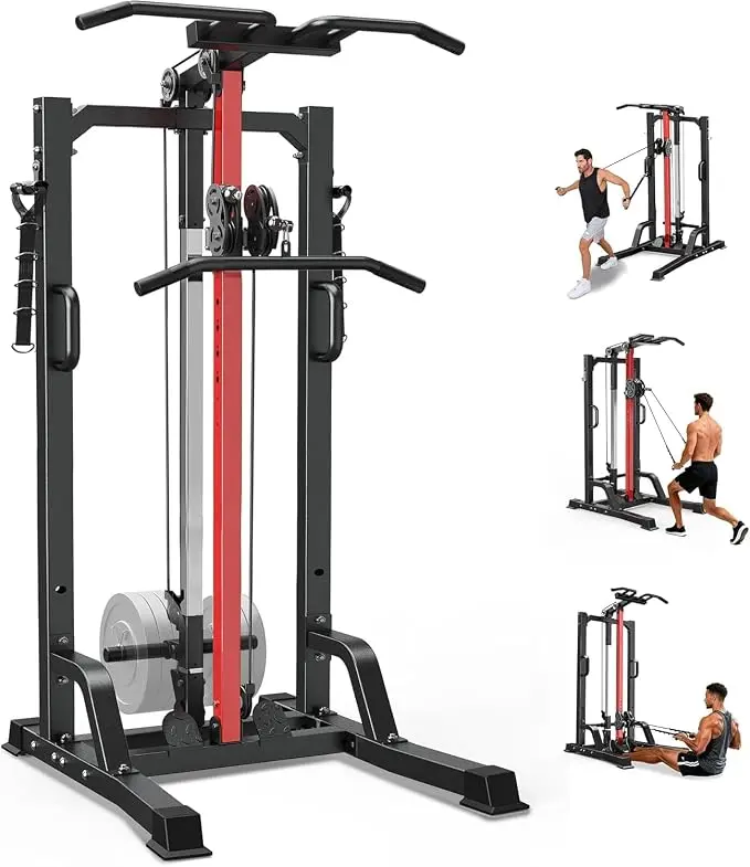 Pull Up Bar Power Tower Dip Station with Cable Machine, 450LB Home Gym | Pull up bar, dip station and 16-position cable system for pull ups, dips, lat pulldowns, rows and full-body training