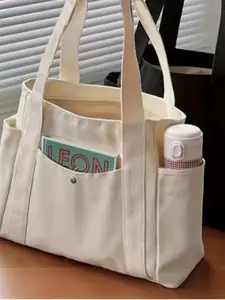 Women's Solid Color Large Capacity Tote Bag, Multi-pocket Zipper Shoulder Bag for Daily Used, Casual Trendy Versatile High-quality Daily Commuting Bag