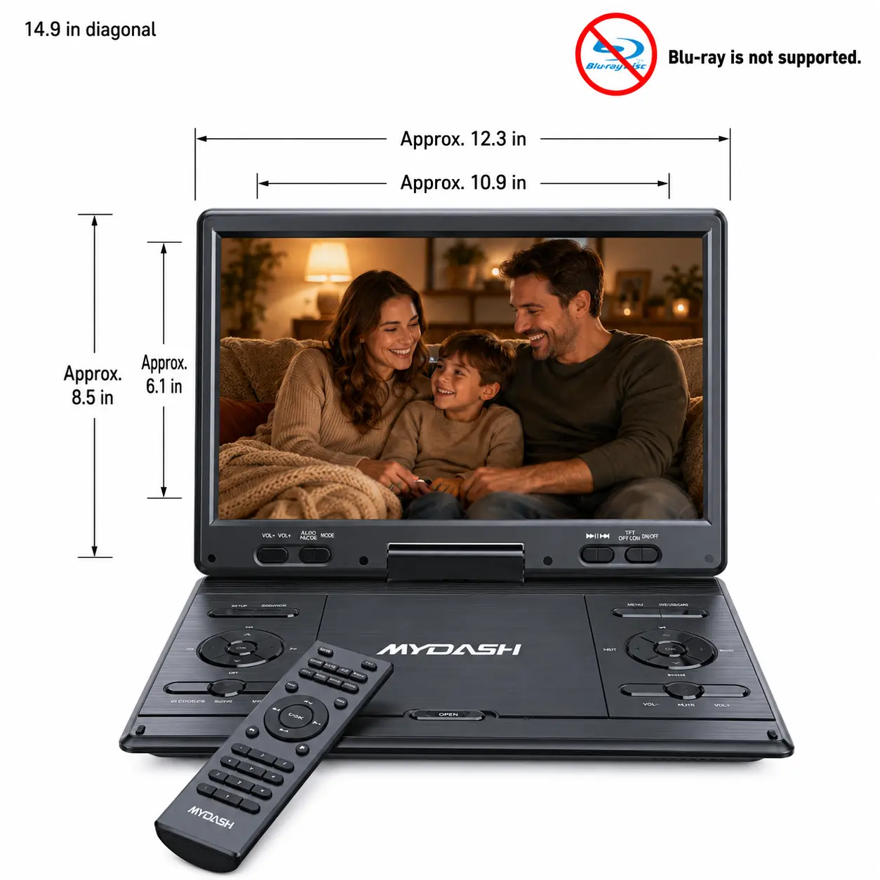 MYDASH 14.9“ Portable DVD Player, 12.5in Large HD Screen, 6hrs Rechargeable Battery, Surround Sound, Push Button, USB/SD Support, TV Sync, Region Free, Car Charger, Power Adaptor, Car Headrest Case, Multimedia Media Player