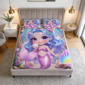 Cute Mermaid Pattern Fitted Sheet, Includes 1 Flat Sheet And 2 Pillowcases, Anti-Slip Dust Cover For Teen Adult Bedrooms And Guest Rooms, Ideal Bedding Set Gift For Self Use Or Giving As a Gift