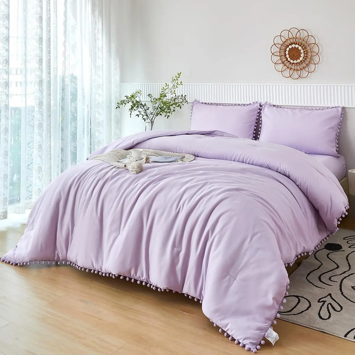 Lavender Purple 5-Piece Twin Bed in a Bag Bedding Set - Durable Microfiber Boho Aesthetic Bedroom Comforter with Pom-Pom Accents, Soft Material Twin Sheet Set