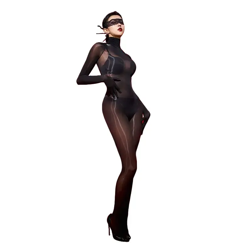 8D Glossy Pantyhose, One-piece Design, Sexy Seamless, Snug Fitting, Built-in Silky Gloves Style, Black, Full-body Coverage