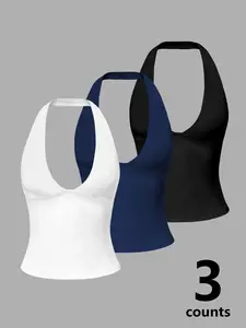 3-Pack Women's Halter Tank Tops, Basic Deep V-Neck Sleeveless Crop Cami, Slim-Fit Stretchy Casual Camisole for Daily, Workout & Yoga