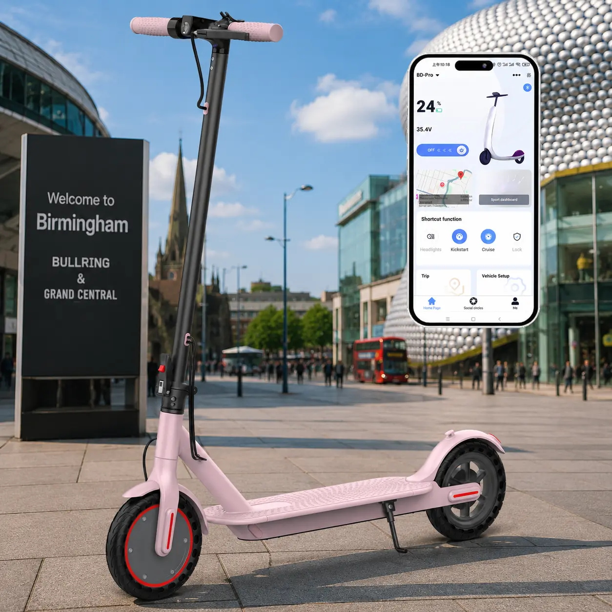 Foldable Electric Commuter Scooter for Adults - Bold Pink, Puncture-Proof, LED Lighting, Drum Brake, 14kg, Shock Absorption (Her Ride, Her Rules), App Lock Function, Electronic Brake