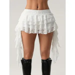 Sexy lace mini skirt paired with safety shorts, low-waist holiday style, ruffled edges, anti-exposure design, perfect for vacation wear GARMENTARY