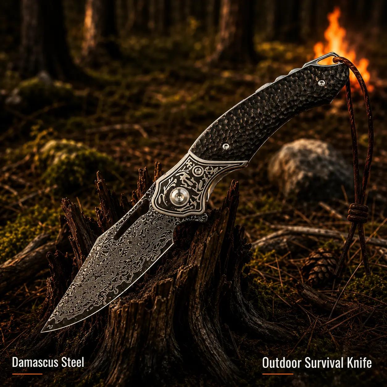NorthForge-Damascus Style Folding Pocket Knife for Camping & EDC, Sharp Outdoor Survival Knife with Leather Sheath