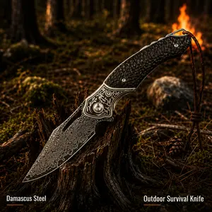 Damascus Style Folding Pocket Knife for Camping & EDC, Sharp Outdoor Survival Knife with Leather Sheath