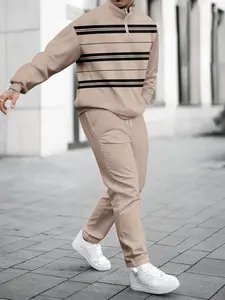 Men's Two-Piece Set, Striped Print Design, Stand Collar Long Sleeve Top & Casual Sports Pants, Regular Fit, Comfortable Daily Wear, Clothes