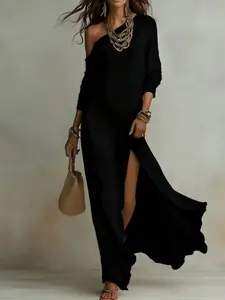 Elegant Asymmetrical One-Shoulder Long Dress for Women, Summer Beach Vacation Style, Split Design, European and American Fashion, Chic