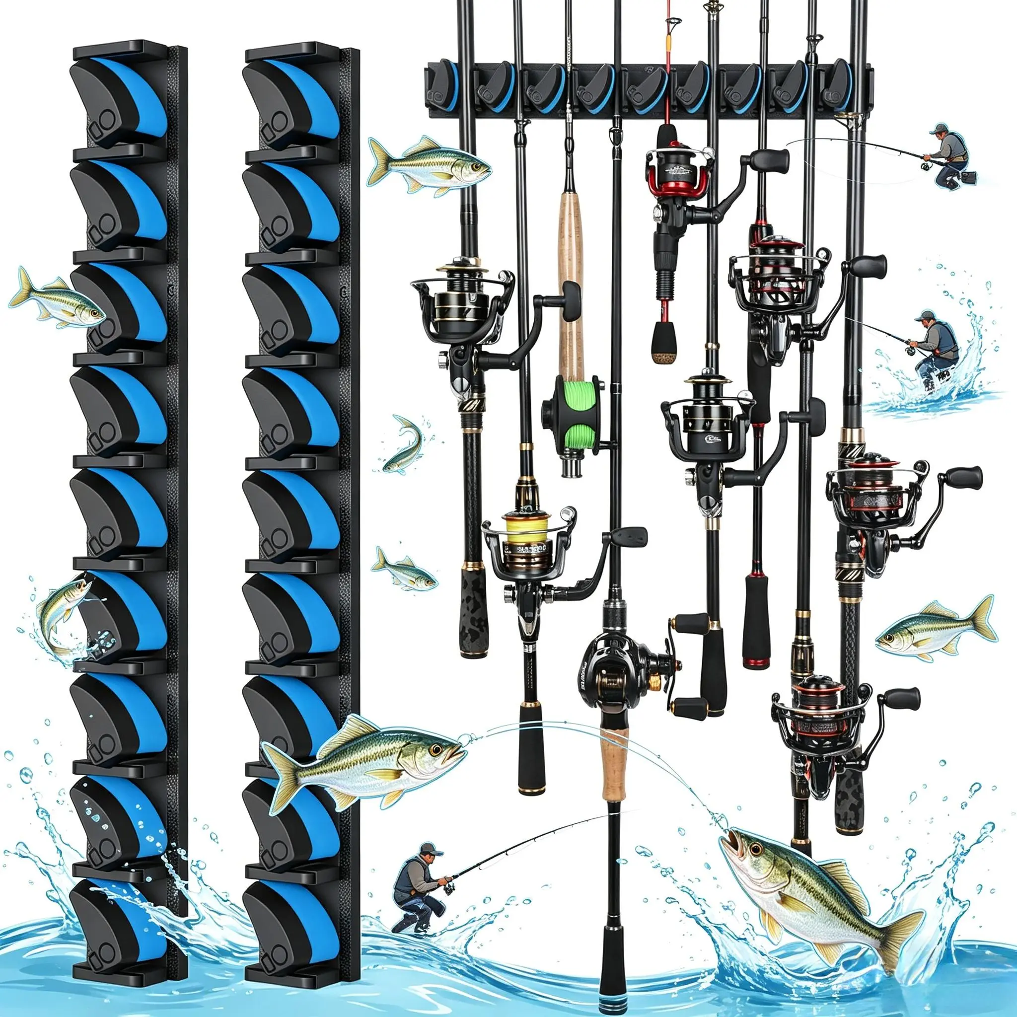 Vertical Fishing Rod Holder, Wall Mounted Fishing Rod Rack, Fishing Pole Holder Holds Up to 9 Rods or Combos, Fishing Rod Holders for Garage, Fits Most Rods of Diameter 3-19mm