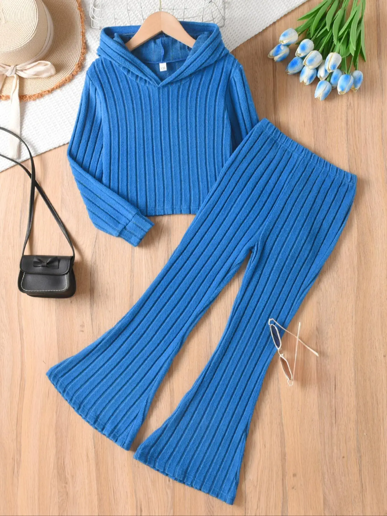 Two-piece Set Girl's Solid Hooded Sweatshirt & Elastic Waist Flare Leg Pants, Casual Fashion Cozy Outfits for Daily Outdoor Wear, Girls Clothing for F