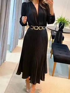 V Neck Long Sleeve Loose Elegant Pleated Dresses Women