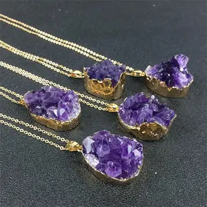 New Trending Natural Amethyst Cluster Necklace for Women Men Irregular Raw Rough Amethyst Stone Pendant Jewelry for Spiritual Reiki Healing Beauty Love and Positive Energy