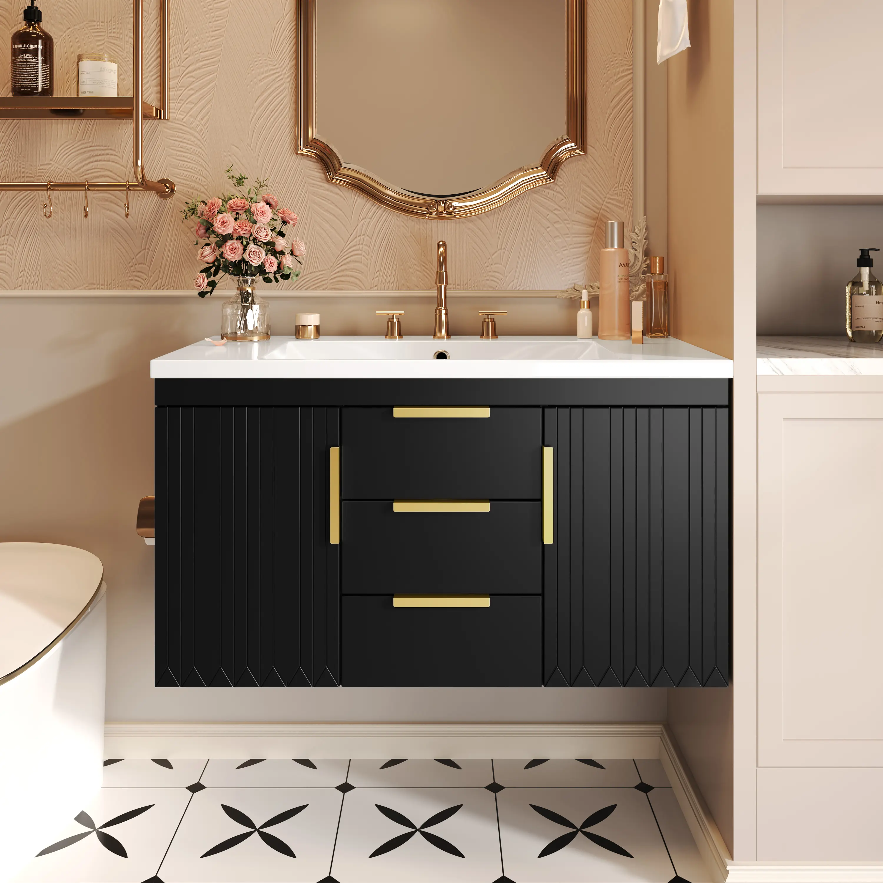 36 Inch Wall Mounted Bathroom Vanity with Resin Sink, Floating Solid Wood Storage Cabinet with 2 Drawers, Modern Wall-Hung Bathroom Cabinet for Bathroom Organization, White Finish, Single Sink Vanity, Bathroom Furniture for Vanity Area