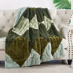 Handmade Plaid Patchwork Throw Blanket Farmhouse Super Soft Cozy Faux Fur Blanket for Bed, Couch, Living Room 60"× 70"