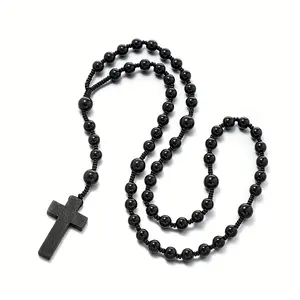 A Long Necklace for Men Featuring an Ethnic-Style Wooden Cross Pendant with Black Beads, Perfect for Everyday Wear