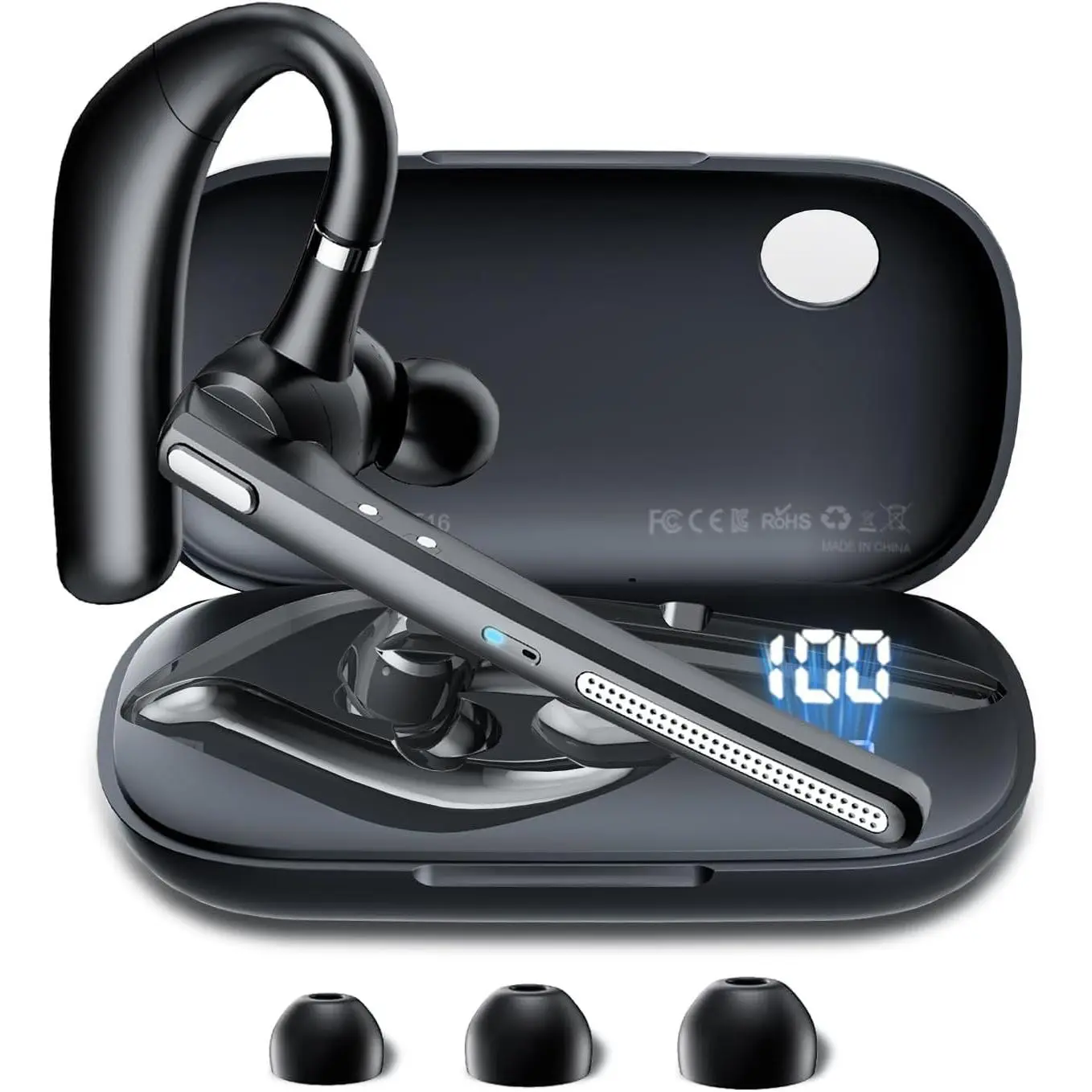 Headset V5.3,  Earpiece with 500mAh  Case 72 Hrs Talking Time Hand-Free Headphones with Noise Canceling Mic for Office/Driving/Business/Trucker,Black