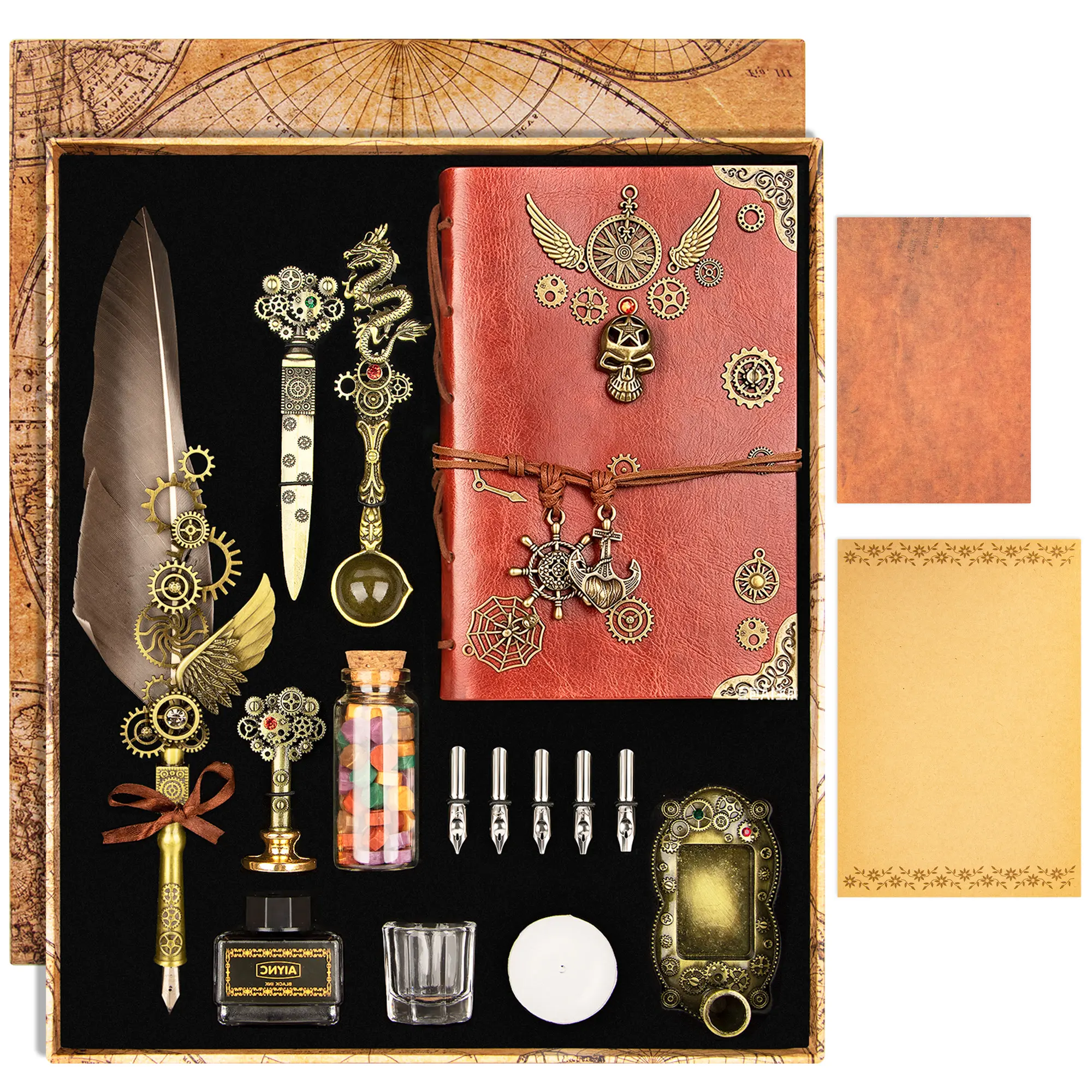 Feather Quill Pen and Ink Set, Dip Pen,Antique Calligraphy Pen with 5 Replaceable Nibs,Wax Seal Stamp kit,Wax Beads & Leather Writing Notebook Christmas gift for Men&Women( Khaki)
