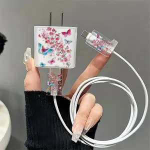 Butterfly & Flower Pattern Charger & Data Cable Protective Case, Transparent Charger & Data Cable Protector, Phone Accessories for iPhone 18W/20W Charger