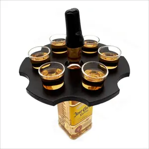 Stylish Round 6-Shooter Wood Shot Glass Holder Caddy Tray with Drink Utensils and Bottle Topper - Black or Stained