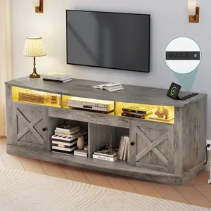 DWVO Farmhouse TV Stand for TVS up to 80 Inch, Entertainment Center with Power Outlet, TV Table with Barn Doors & Storage Cabinets, TV Console for Living Room, 70" Rustic Grey