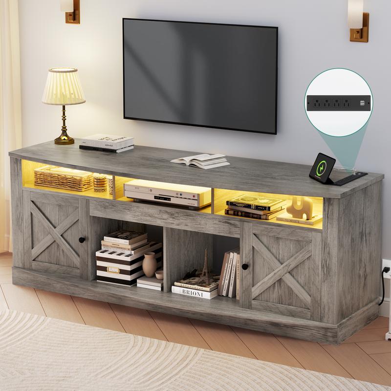 DWVO Farmhouse TV Stand for TVS up to 80 Inch, Entertainment Center with Power Outlet, TV Table with Barn Doors & Storage Cabinets, TV Console for Living Room, 70" Rustic Grey