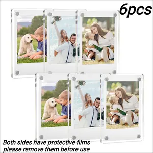6 Pack Magnetic Acrylic Photo Frame, Double Sided Photo Refrigerator Magnet Picture Frame for Fujifilm Instax Mini, Small Card Photo Display Box, DIY Photo Holder Clear Picture Display Frame Polaroid Photos Holder with Cloth
