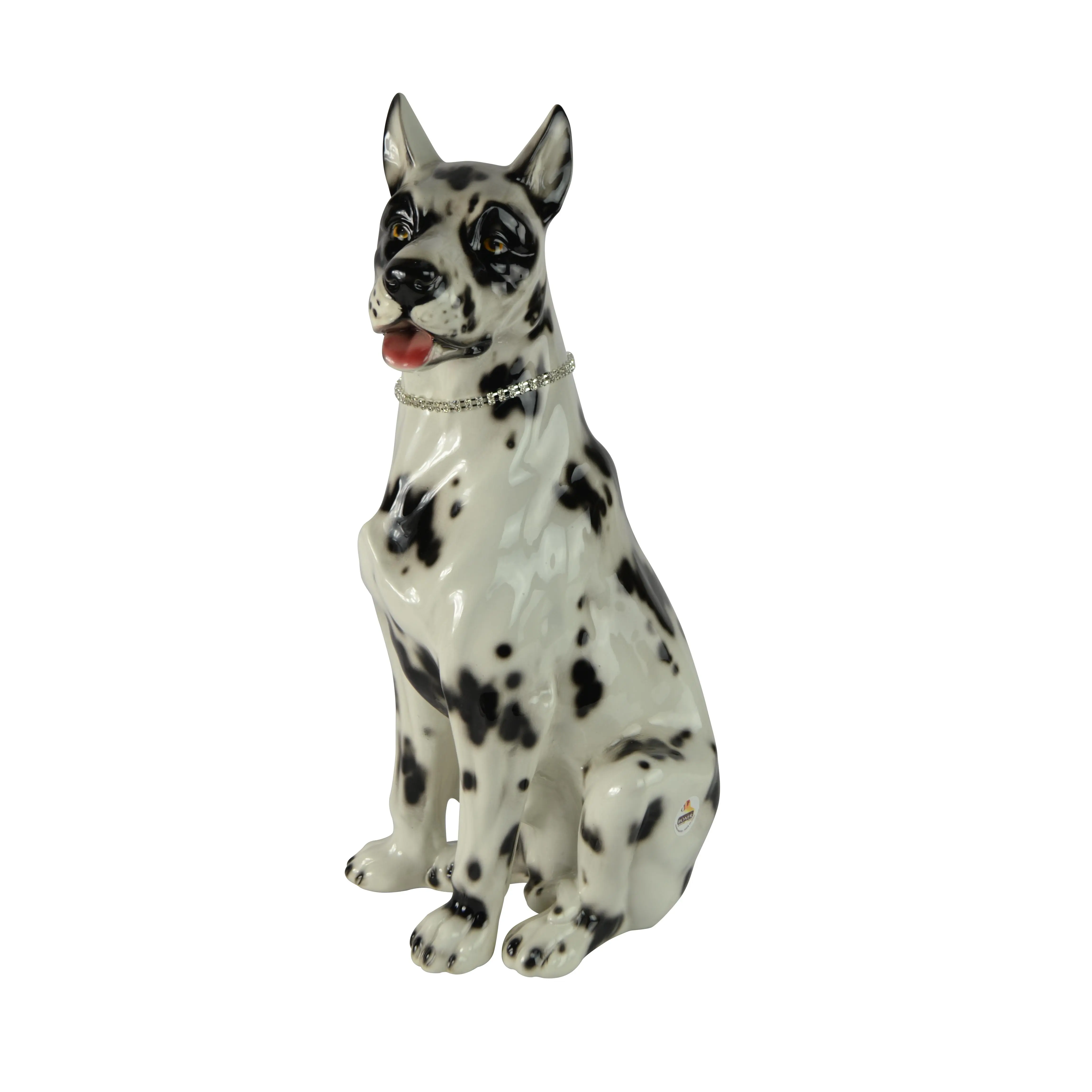 Great Dane Ceramic Dog Statue 21" Tall with Rhinestone Collar in Black and White Decor Gift