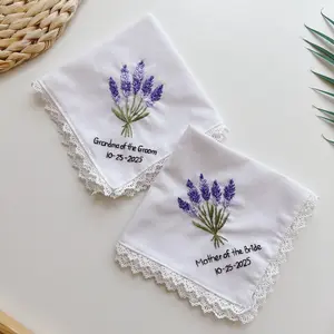 Lavender Flowers Wedding Hand-Embroidery Linen Handkerchief Custom Wild Flowers Handkerchief Women Embroidery Handkerchiefs