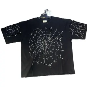 Spider Web Rinestone Tee Shirt - Black T-Shirt with Sparkling Web Design on Front and Sleeves