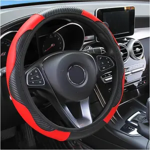 Steering Wheel Cover, 15 inch Carbon Fiber Microfiber PU Leather Elastic Steering Wheel Protector for Men Women, Anti-Slip Breathable  Interior Accessories for   (Red)