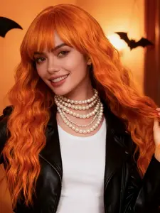 Halloween Pumpkin Medium Curly Wig, 30 Inch Women Synthetic Long Wave Wig, Role Play Party Wear, All Seasons