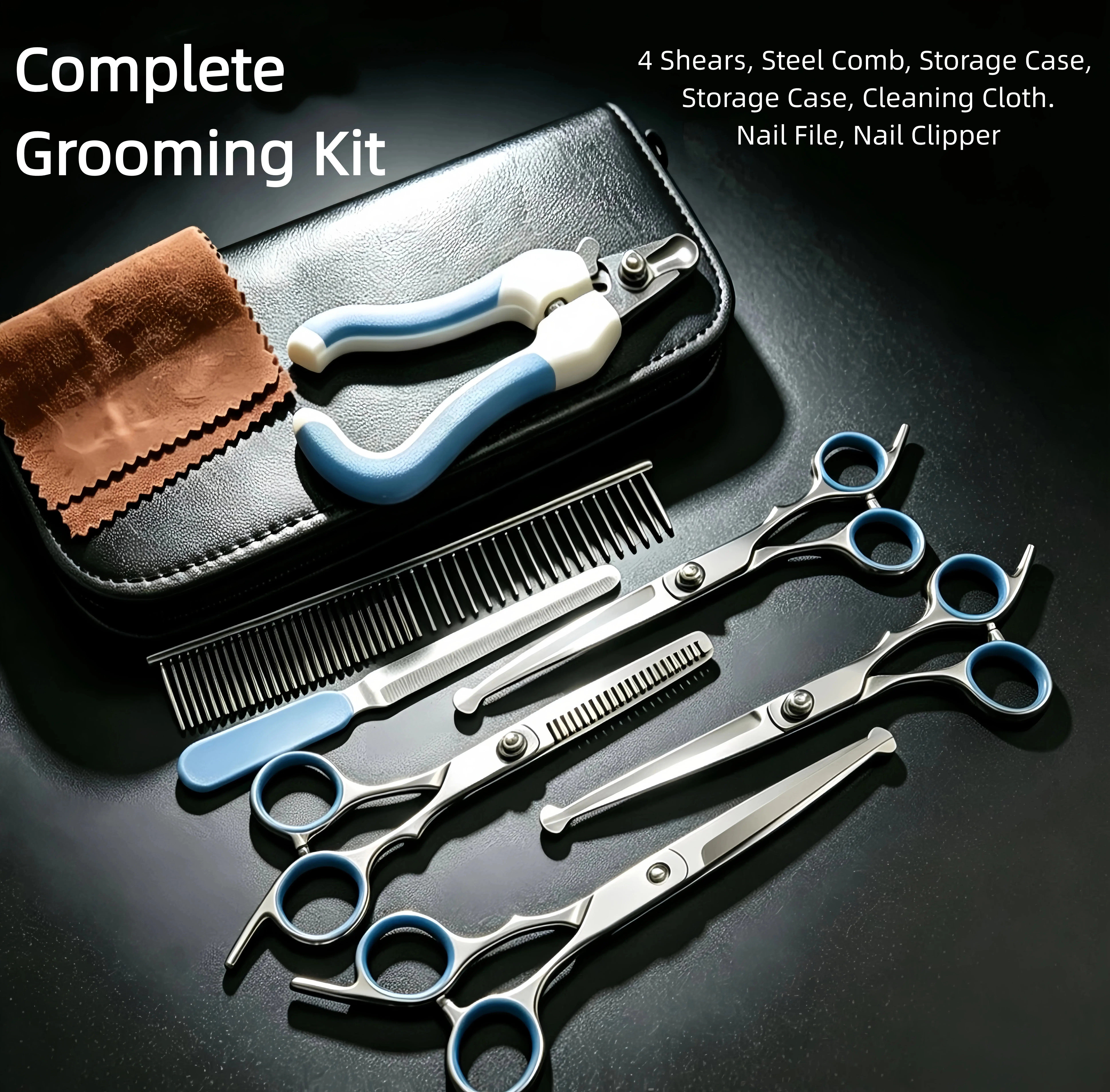 Professional Dog Grooming Scissors Kit with Nail Clipper, Curved Straight Thinning Shears Set Steel Comb Nail File Storage Case for Teddy Small Medium Dogs Cats, Safe Round Tip Pet Hair Trimming Tools for Home DIY Grooming Beginner