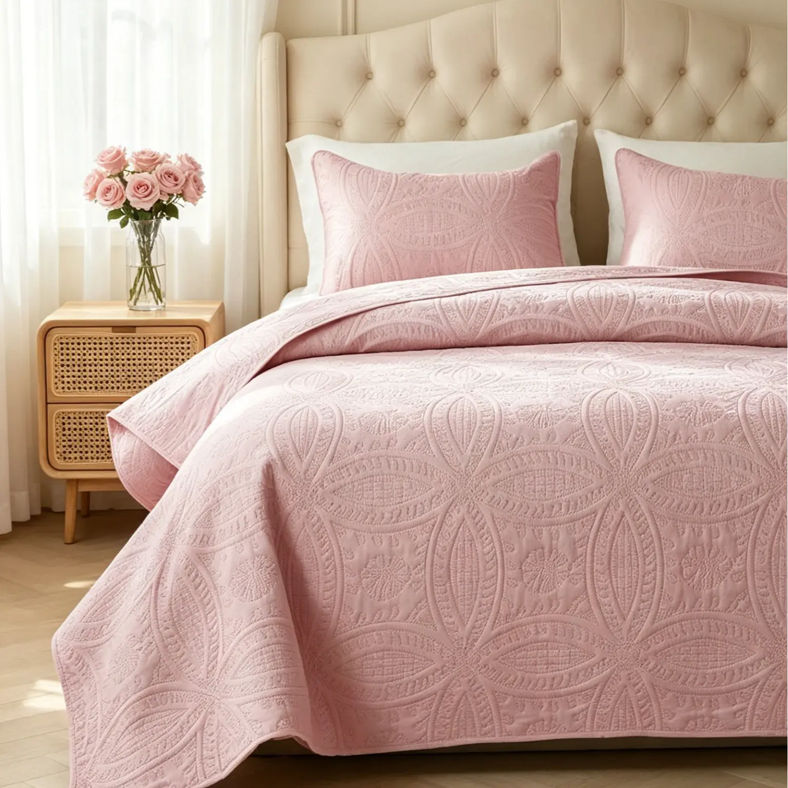 【Deals For You Days】 Queen Size 3-Piece Pink Ultrasonic Bedding Set - High-Density Brushed Polyester Queen Comforter Set, Stitch-Free Coin Pattern Coverlet, Lightweight Soft All-Seasons Bedspread, Machine Washable, Bedding Sets