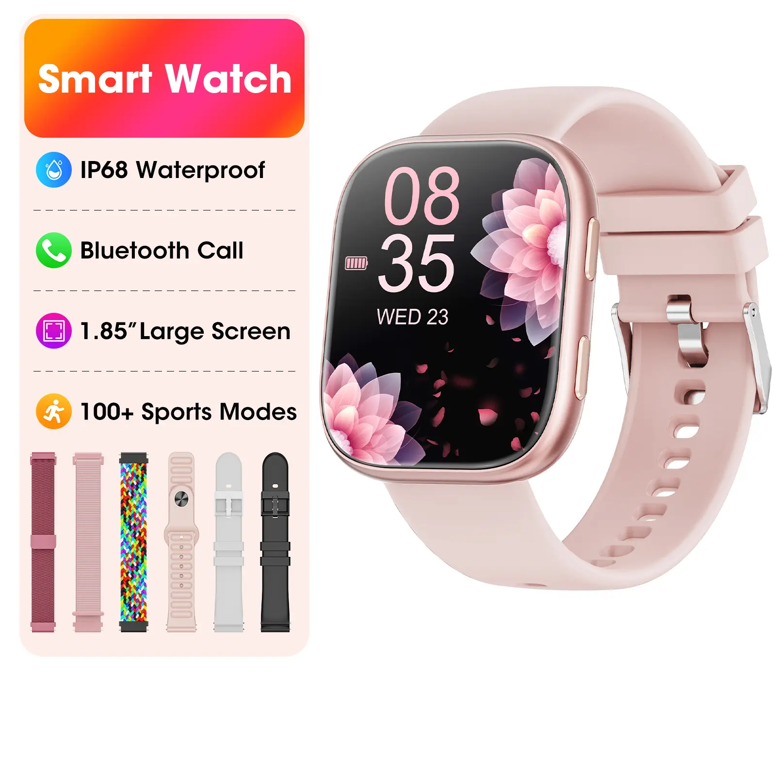 Women's Wearable Smart Watch with 7 Silicone Bands Gift Set, 1.85" AMOLED Screen, Waterproof Fitness Tracker, Bluetooth Calls, AI Control, Calorie Tracker for Android & iPhone, Pink