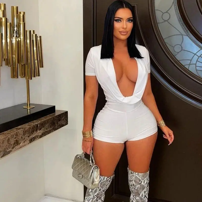 Deep V-neck Bodycon Romper for Woman Jumpsuits Short Sleeve Skinny One Piece Playsuit Club Night Party Combishort Femme