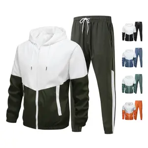 Men's Minimalist Sports Set Contrast-Color Long-Sleeve Zip-Up Jacket with Hood & Striped Jogger Pants Slant Pockets Elastic Drawstrings for All Seasons Commuting Workouts