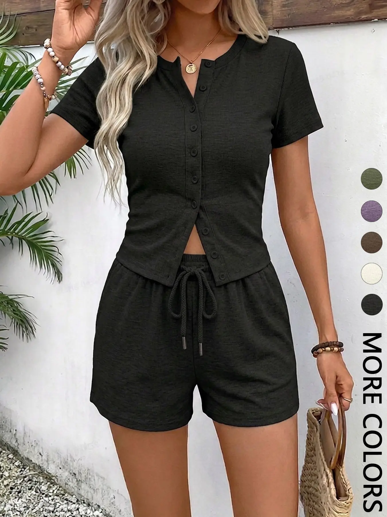 Women's Solid Button Front Fitted Top & Adjustable Drawstring Waist Shorts Ribbed Two-Piece Set, Womenswear Basic Minimalist Casual Comfy Everyday Round Neck Short Sleeve Top & Shorts Set, Ladies Clothing Set for All Seasons, Shorts Loungewear Set