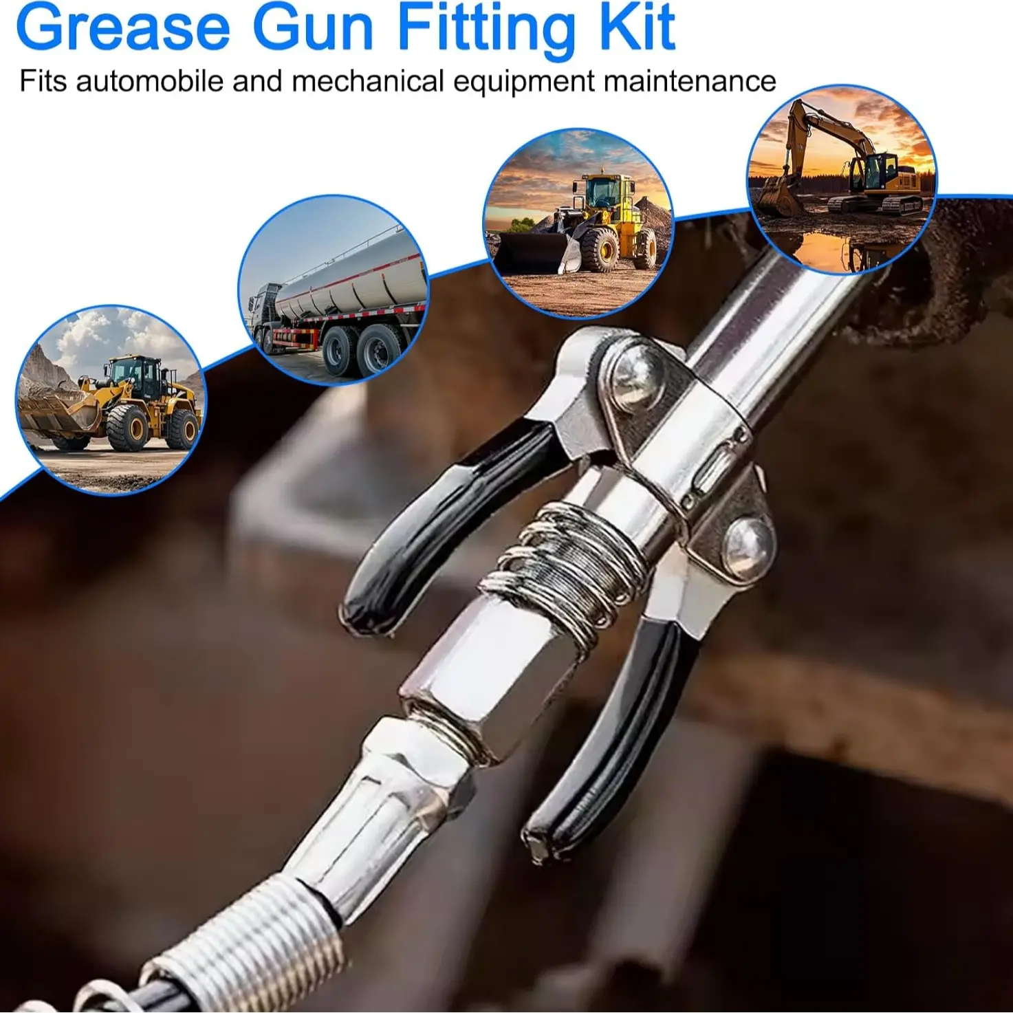Grease Coupler Adapter Kit, Quick Release Grease Gun Fitting with Spring Flexible Hose, Compatible with All Grease Guns, High Pressure Oil Nozzle + Hose Set