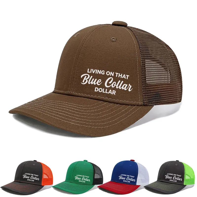 Living On That Blue Collar Dollar Trucker Hat, Patriotic Blue Collar Worker Mesh Back Baseball Cap, Adjustable Snapback for Men