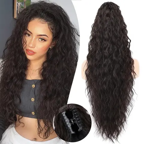 QGZ Women's 26-Inch Dark Brown Loose Wavy Wave Lightweight Synthetic Long Ponytail Hairpiece, Secure Claw Clip Hair Extensions for Ponytail Hairstyles, Ideal for Evening Out, Parties