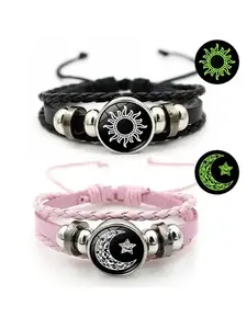 Night Glow Moon Sun Matching BraceletsAdjustable Punk Style Woven Leather CoupleJewelry, His & Hers Gift Set, Stackable Bracelets