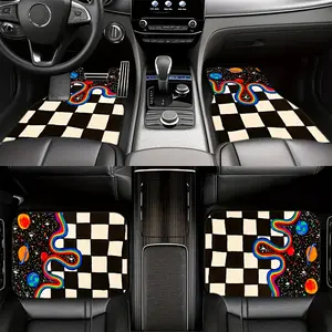 4pcs Black and White Plaid Pattern Fashion Art Car Floor Mats, Water-absorbent, Non-slip Floor Mats, Washable, Used for Most Car Front and Rear Seat Carpets, Car Interior Protection Decoration