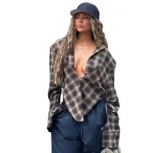 Fashionable women’s checkered shirt with an irregular V-neck, long sleeves, and a loose fit; 2025 autumn sexy streetwear sports bra for women; cute casual sportswear suitable for women; casual sportswear for fictional women.