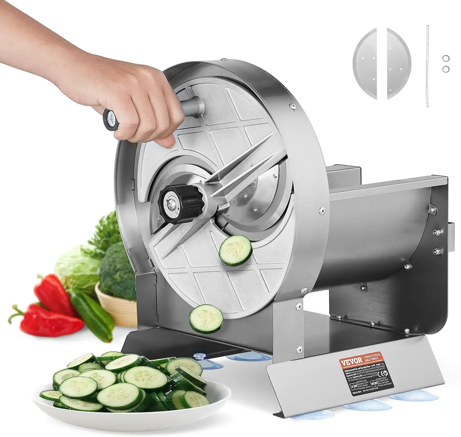 VEVOR Hand-Cranked Kitchen Utensil Manual Vegetable Fruit Slicer, 0-0.5"/0-12mm Adjustable Thickness Commercial Slicer, Stainless Steel Food Cutter with 2 Spare Blades for Commercial Users, Potato, Cucumber, Utensils